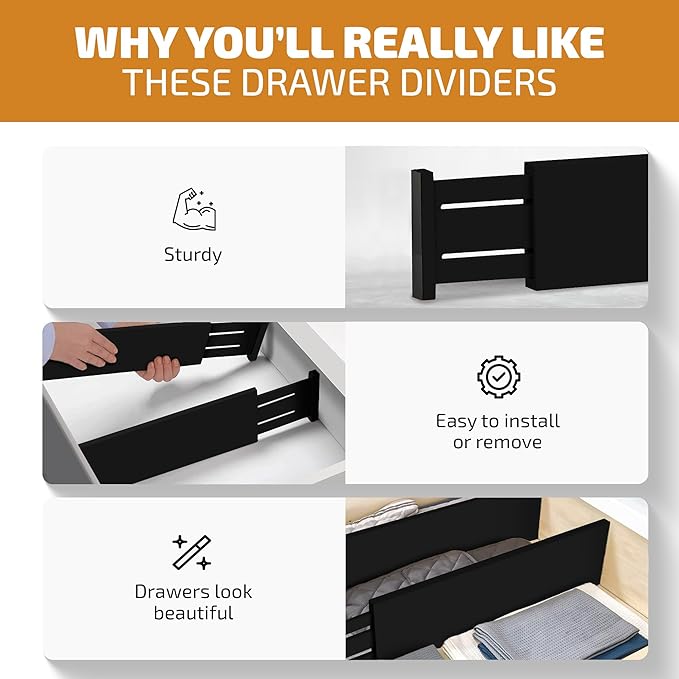 6-Pack Drawer Dividers 6 Inch High, 11??17" Adjustable Bamboo Organizers Large Expandable Drawer Separators for Cloths, Dresser, Bedroom, Bathroom, Baby Drawer, Office & Kitchen Utensils (Black)
