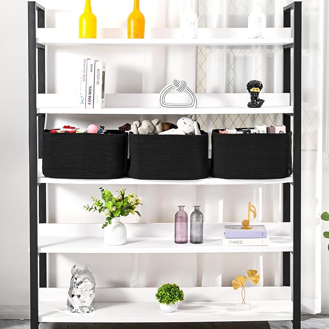ICERZCZ Large Storage Baskets for Organizing Shelves, Woven Cotton Rope Bins for Baby Nursery Organization, Book Toy Towel Organizer, 17"x13"x9.5", 3 Packs, Black