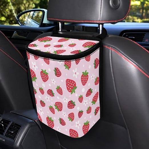 Pink Strawberry Car Trash Can with Lid - Collapsible Waterproof Garage Bag, Reusable Hanging Cute Automotive Garbage Bin, Adjustable Strap, Interior Organizer