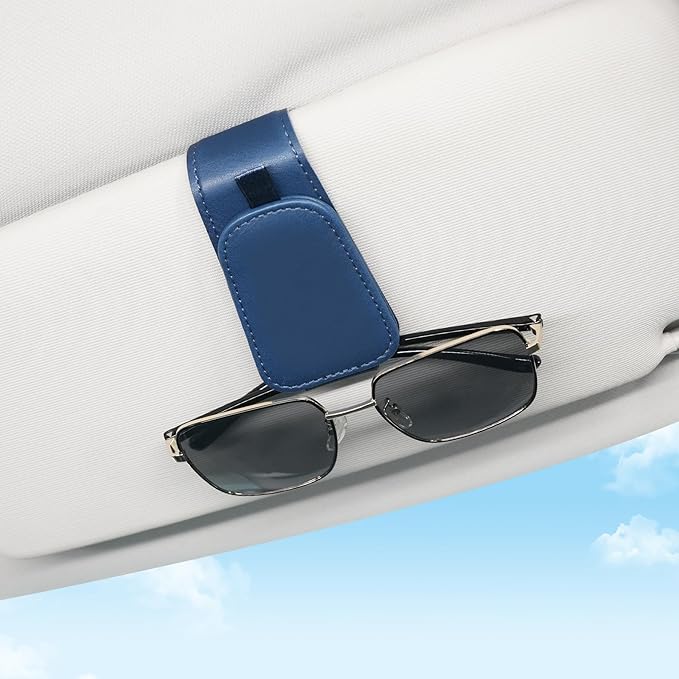 SINGARO 2 Pack Sunglass Holder for Car Visor Sunglasses Holder Clip, Universal Non-Slip Magnetic Leather Glasses Eyeglasses Hanger Mounter, Truck Interior Car Visor Accessories for Woman Man, Blue