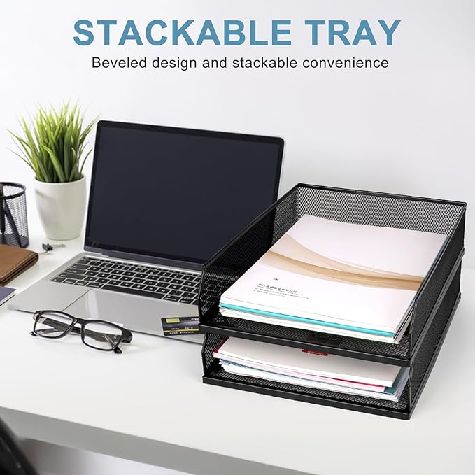 Stackable Paper Tray Desk Organizer, 2 Pack Letter File Tray, Wire Mesh Desktop Organizer, Front-Load Metal A4 Paper Sorter Documents Storage Holder Tray for Office Supplies Home School Classroom