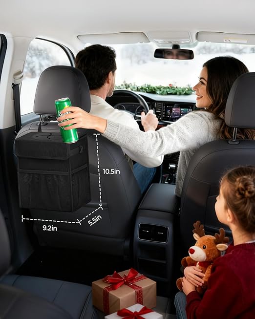 Corduroy Car Trash Can with Lid and Mesh Pockets - Leakproof Organizer,Multipurpose Waterproof Garbage Can/Trash Bin for Car(Black-2 Gallons)