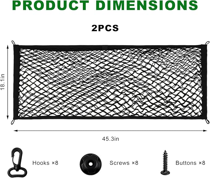 2 PCS Car Rear Cargo Net, Adjustable Elastic Trunk Storage Net with Mounting Screws & Hooks, Envelope Style Mesh Organizer Cargo Netting for SUV Pickup Truck, Car Accessories (Large)