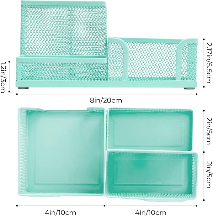M&G Mesh Pen Holder Desk Organizers Pencil Holder for Desk Light Blue, 3 Compartments Metal Office Supply Organizer with Sticky Notes Holder for Home Office