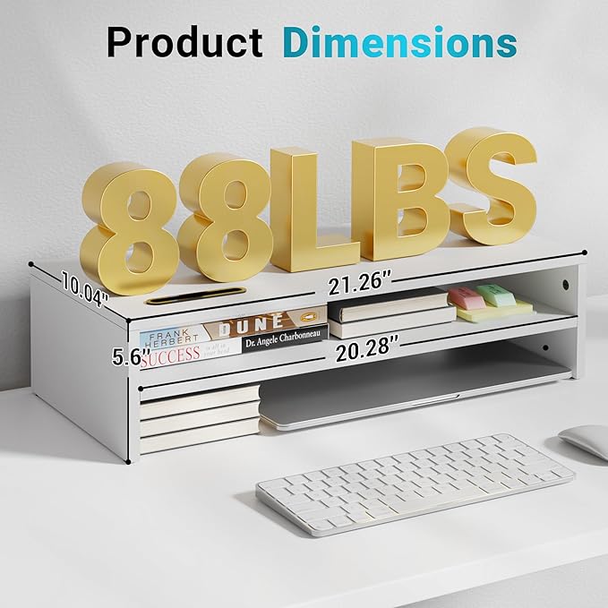 BONTEC Wood Monitor Stand Riser, 2-Tier Desktop Organizer with Storage, Ergonomic Computer Stand for Desk, Cable Management, Cellphone Holder, 21.3 Inch Shelf, White