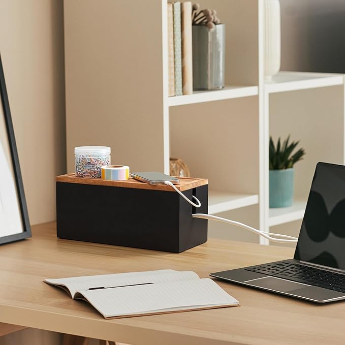 Wood Cable Management Box - Cable Organizer Box - 2 Open Slots Cords Hider Box - Under Desk Cord Organizer for Power Strip Extension Cord Surge Protector Charger Wire, Black