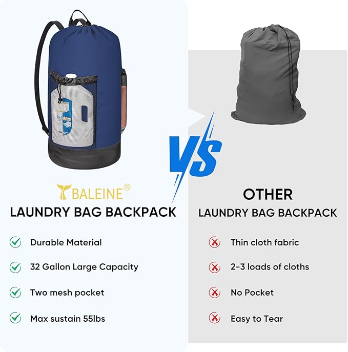 BALEINE 2PK 150L Laundry Bag Backpack, 900D Oxford Fabric Large Travel Laundry Bags with Shoulder Straps and 2 Mesh Pockets for College Dorm, Apartment, Laundromat (Navy, 150L)