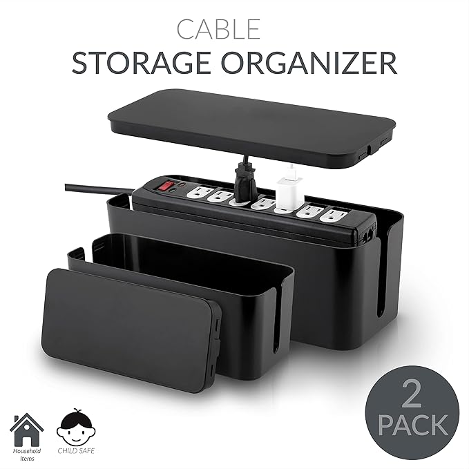 Simplify 2 Pack Cable Organizer Box | Multi-sized | Hidden Storage with Lid | Chargers & Wires | Computer & TV Cords | Black