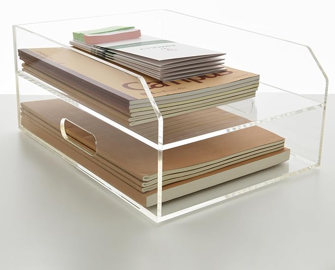 2 Tier Paper Organizer Letter Tray - Acrylic Tray Organizer for Desk, Paper Sorter Organizer for Letter/A4 Office File Folder Holder - Crystal-Clear File Organizer