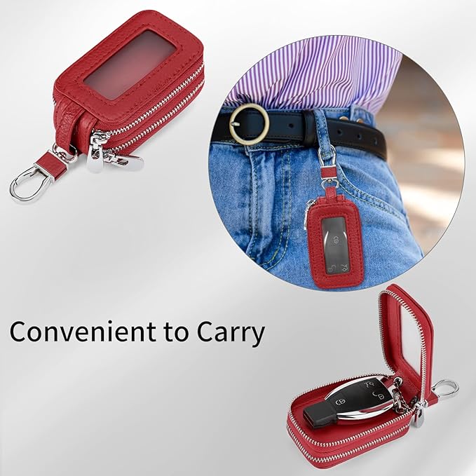 SENDEFN Car Key Fob Case Double Zipper Leather Smart Remote Keychain Protector Holder with Transparent Window