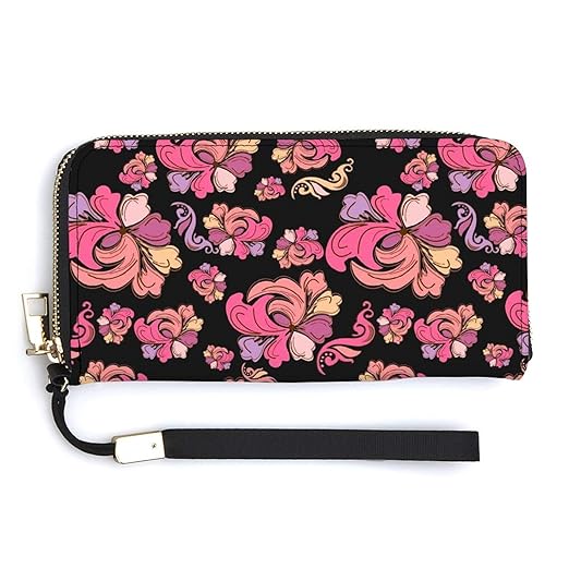 Unisex Zip Around Wallet for Adults Teens Abstract Colored Flowers Coin Pouch Cash Pocket PU Leather Wallets Card Holder Organizer Designer Purse with Wristlet Strap