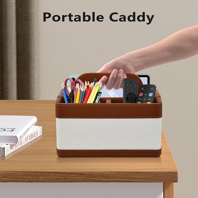 Desk Organizer Caddy with Handle-Portable PU Leather Remote Control Holder-Nightstand Dresser Tote Storage for Sunglasses,Comb,Small iPad,Pen,Heater Controllers,Cosmetics and Office Supplies