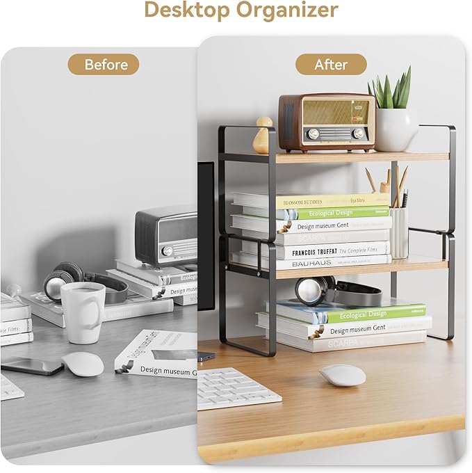 YGYQZ Desk Shelf Organizer for Top of Desk, Detachable 2 Tier Desktop Bookshelf, Wooden Desk Shelves Storage Rack, Small Desktop Shelf for Office Home Dorm, Tabletop Desk Organizer Stand (Black Wood)