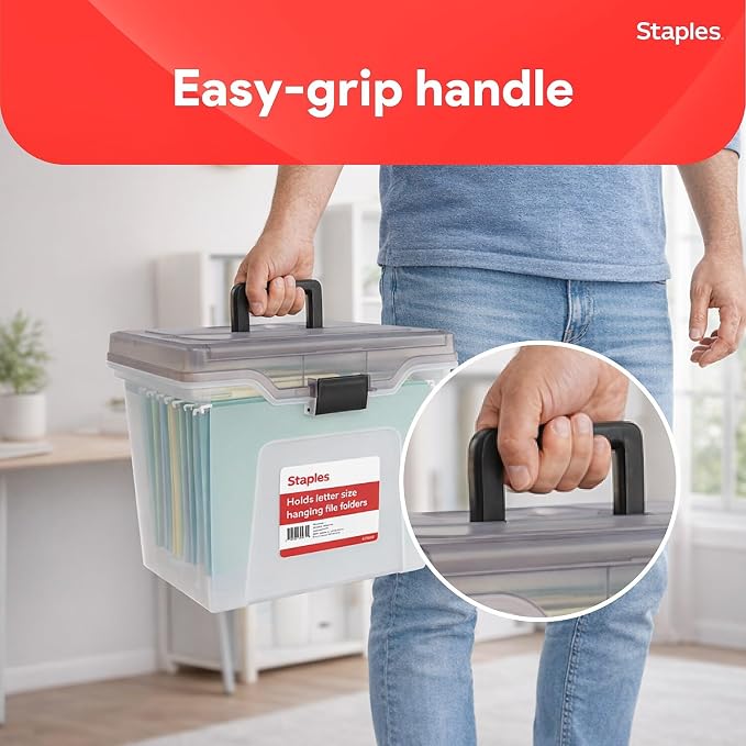 STAPLES File Box - Portable Letter-Size Storage Tote with Lid, Handle, Organizer Tray, Clear Plastic Filing Bin