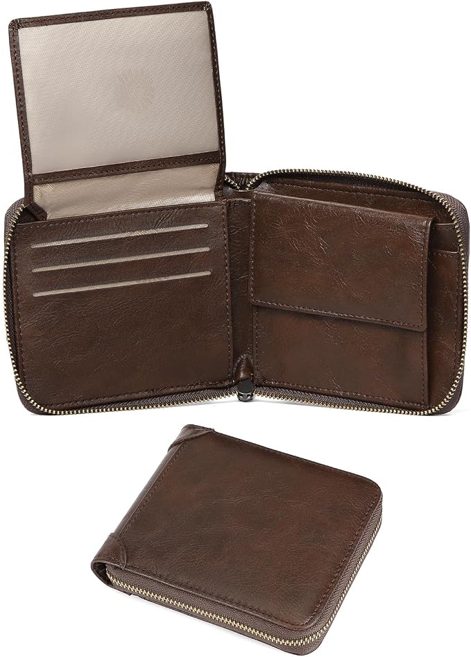 GAEKEAO Zipper Wallet for Men Vegan Leather RFID Blocking Large Capacity Bifold Wallets with ID Window Change Pocket