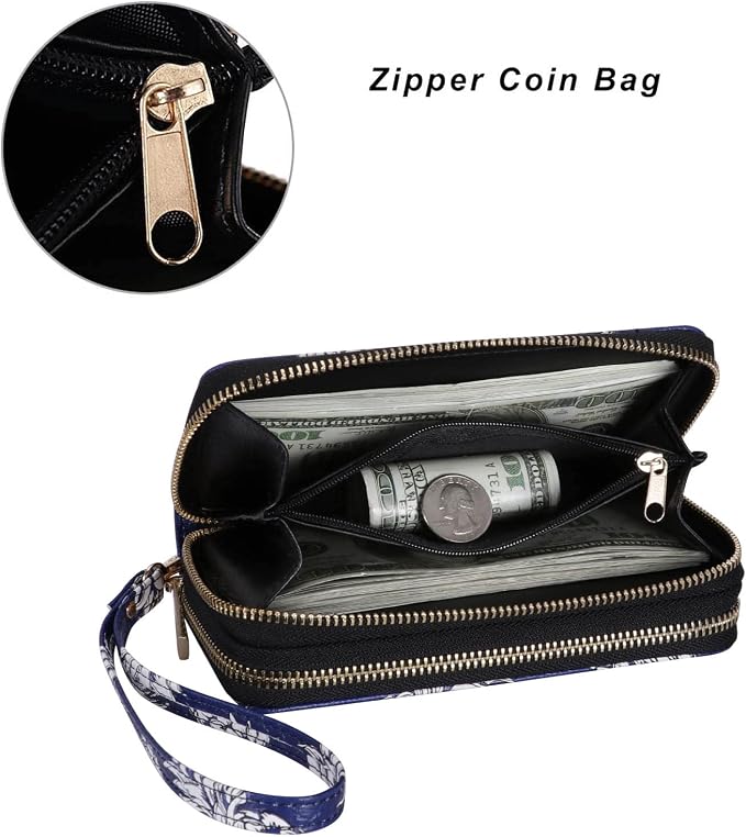 Cellphone Wallet for Women Dual Zipper Long Purse with Removable Wristlet