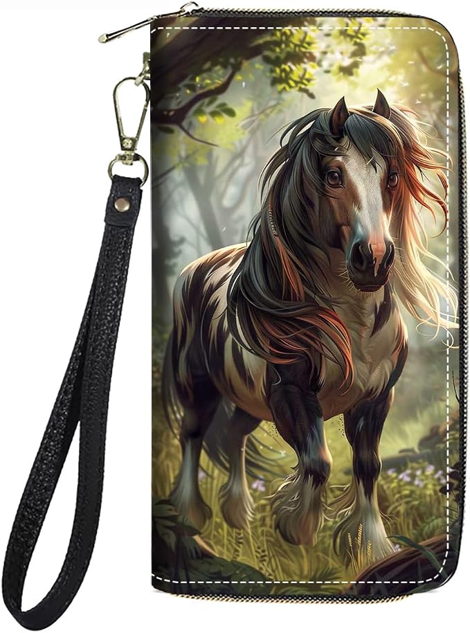 Women's Large Capacity Wallet PU Leather Zip Around Clutch Purse Multifunctional Wallet with Removable Wristlet Strap for Smart Phone/Coin/Card/Cash, Horse