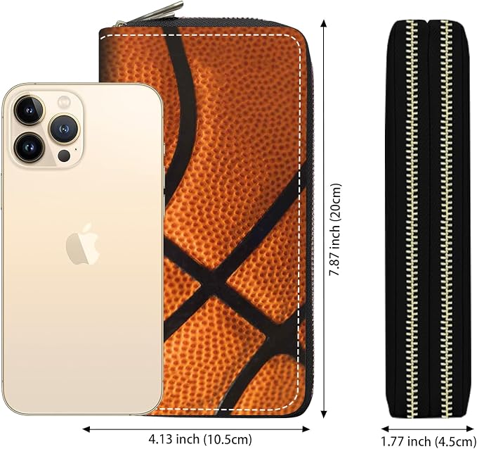 Women's Large Capacity Wallet PU Leather Double Zipper Clutch Purse Multifunctional Wallet with Removable Wristlet Strap for Smart Phone/Coin/Card/Cash, Basketball Surface
