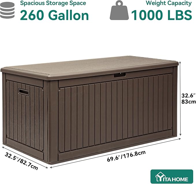 YITAHOME 260 Gallon Extra Large Deck Box, Double-Wall Resin Outdoor Storage Box with Flexible Divider for Patio Cushions Pool Supplies Garden Tools, 1000lbs Load Capacity, Lockable&Waterproof (Brown)