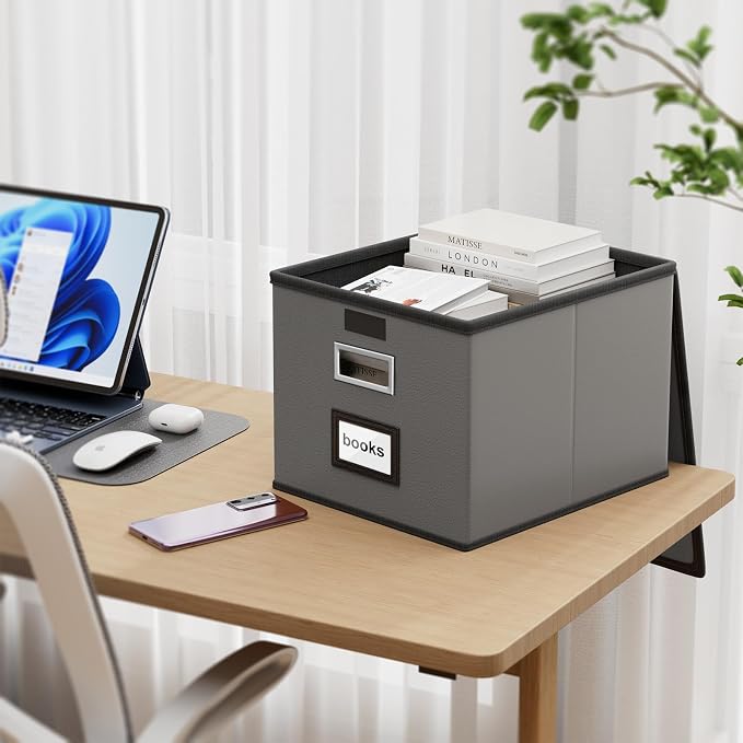 Portable Leather File Organizer Boxes with Lids, Office Document Boxes Organizer, Filing Boxes, Decorative Small File Boxes for Hanging Files with Plastic Slide for Office/Decor/Home