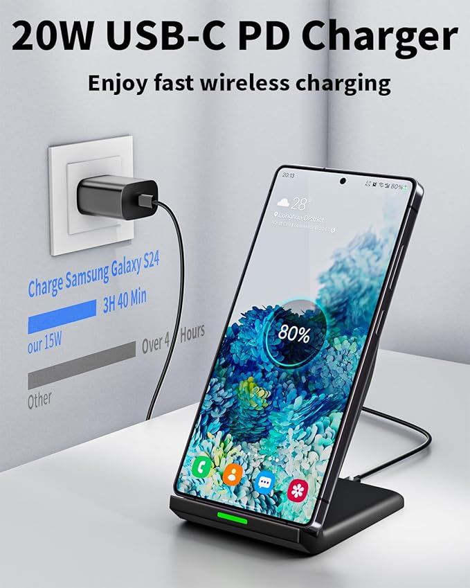 Fast Wireless Charger for Samsung, 15W Wireless Charging Stand Desk Phone Charger Stand with PD 20W USB C Plug Adapter for Samsung Galaxy S24 Ultra S24+ S23 S22 S21 S20, Pixel 8 7 Pro, iPhone 17 16 15