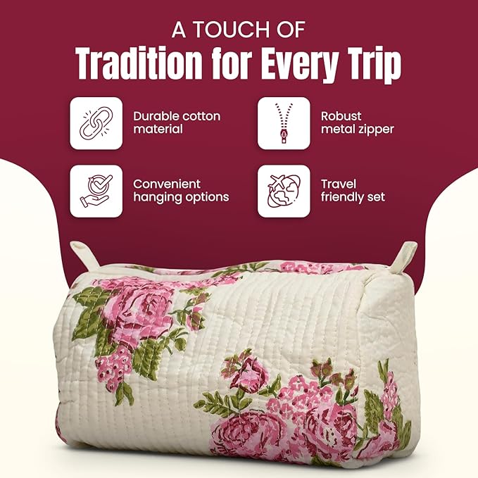 Cotton Hand Block Floral Print Toiletry Bag For Women Make Up Cosmetic Bag Jewelry Organizer Kit Storage Case Travel Accessories Essential Toiletries Purse Pouch (Cream - Set of 3, Small Medium Large)