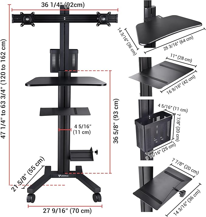 AW 32" Mobile PC Stand Workstation, Height Adjustable Dual Monitor Mount, Rolling Computer Cart on Wheels, Black