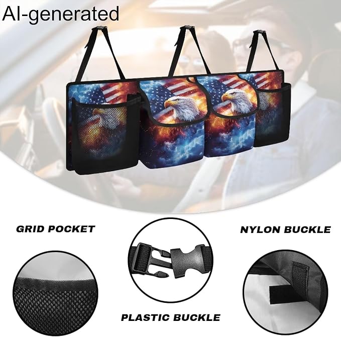 American Flag Car Trunk Organizer,Lightning Flame Eagle Collapsible Large Capacity Auto Backseat Hanging Storage Bag with Adjustable Strap & 4 Pockets Not Easy to Fade Machine Washable