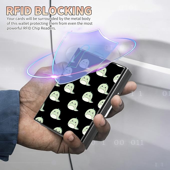 Slim Credit Card Holder, Cute Dinosaurs RFID Blocking Metal Wallet for Men & Women, Aluminum Minimalist Hard Case Pocket-Sized Business Cards Organizer (Fits Up to 10 Cards)
