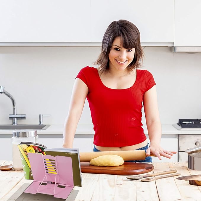 Blizzow Desk Book Stand Holder - Hands Free, Adjustable Metal Stand, Foldable Portable Bookstand - Cookbook, Recipe, Tablet, Music, Documents (Pink)