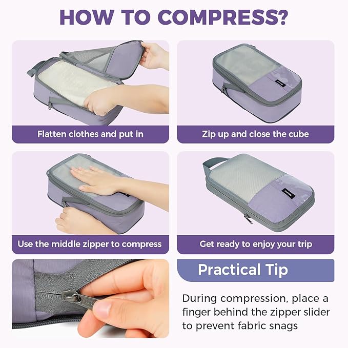BAGAIL 6 Set Lightweight Compression Packing Cubes with Packing List, Anti-Tearing Expandable Organizer Bags for Travel, Dusty Purple