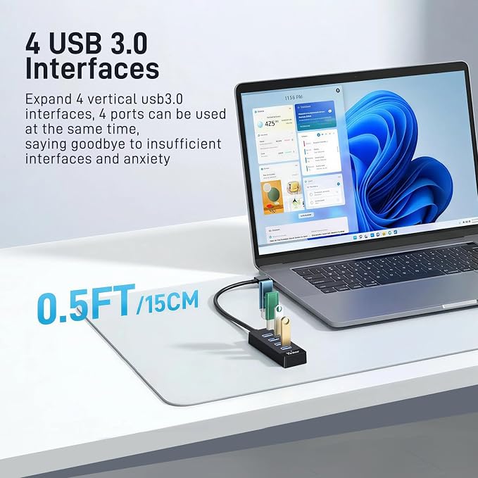 USB Hub 4 Ports, Multiple USB 3.0 Hub, USB-A Splitter for Laptop with Type-C Power Port, Extender for A Port Laptop, PC Desktop and More(0.5ft)
