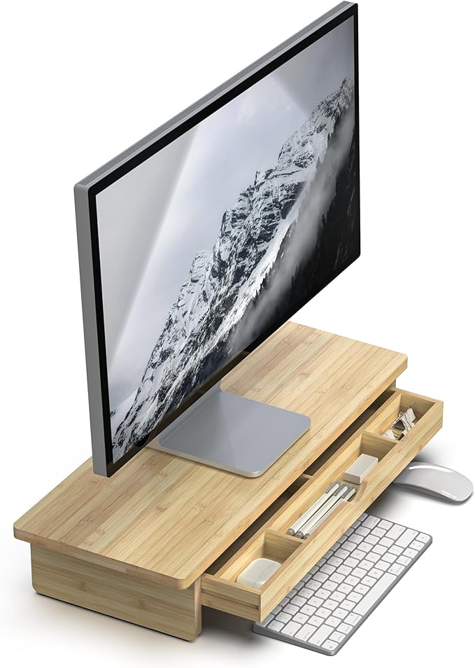 Bamboo Monitor Stand with Large Storage Drawer,23 Inch Ergonomic Computer Riser for Desk, Holds Up to 220lbs, Screen Shelf with 5 Compartments for Keyboard & Stationery Organization