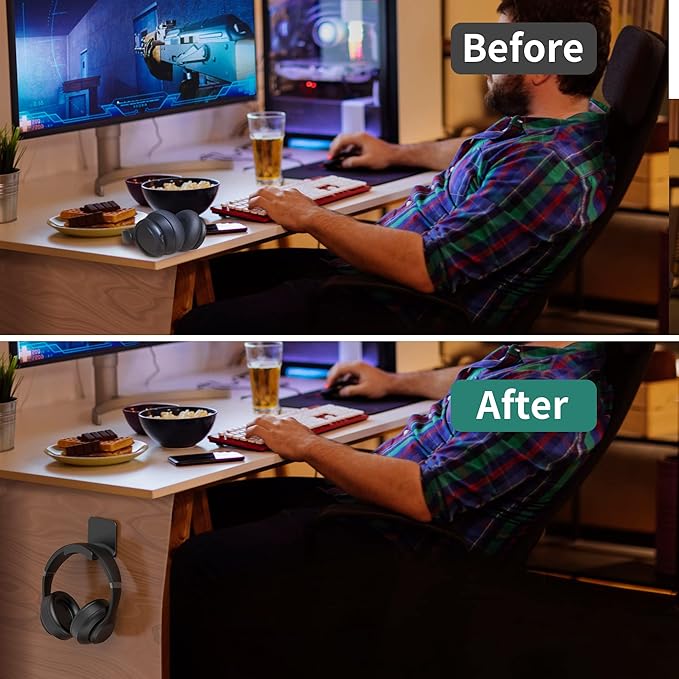 HomeMount Headphone Stand - Adhesive Gaming Headset Hanger Hook Desk Mount for Most Headphones & Controllers (Black 2Pack)