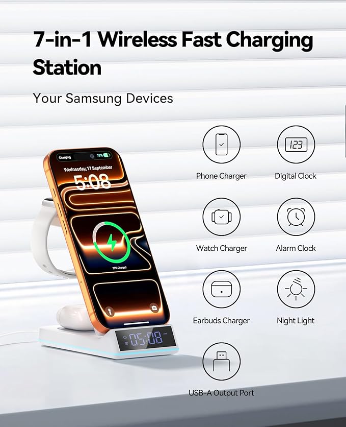 2026 Upgraded Wireless Charging Station, 7 in 1 Wireless Charger Station Foldable Charger Stand with Night Light/Alarm Clock for iPhone 17-12 Pro Max Plus, Apple Watch, AirPods Gifts for Fathers Day