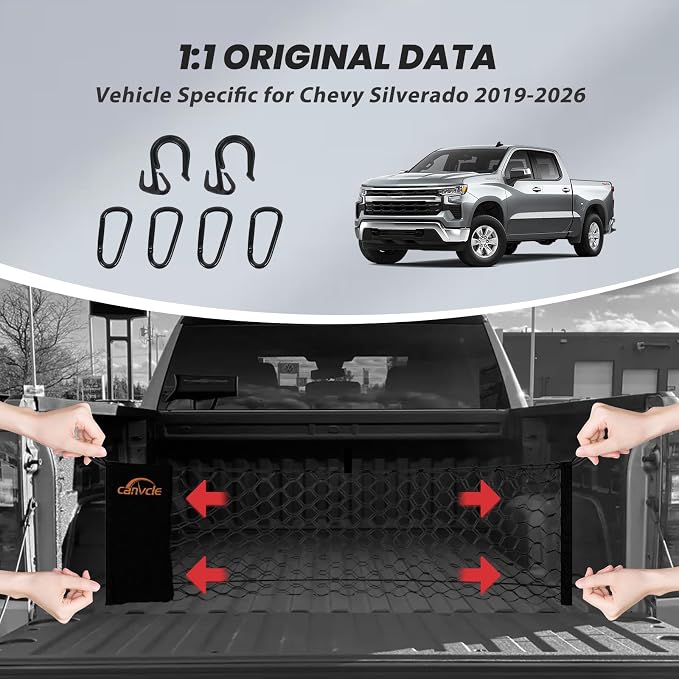 Truck Bed Cargo Net for 2019-2026 Chevy Silverado & GMC Sierra 1500/2500HD/3500HD, Envelope Style Pickup Truck Bed Net for Silverado Accessories, Upgraded Trunk Cargo Net Storage Bag