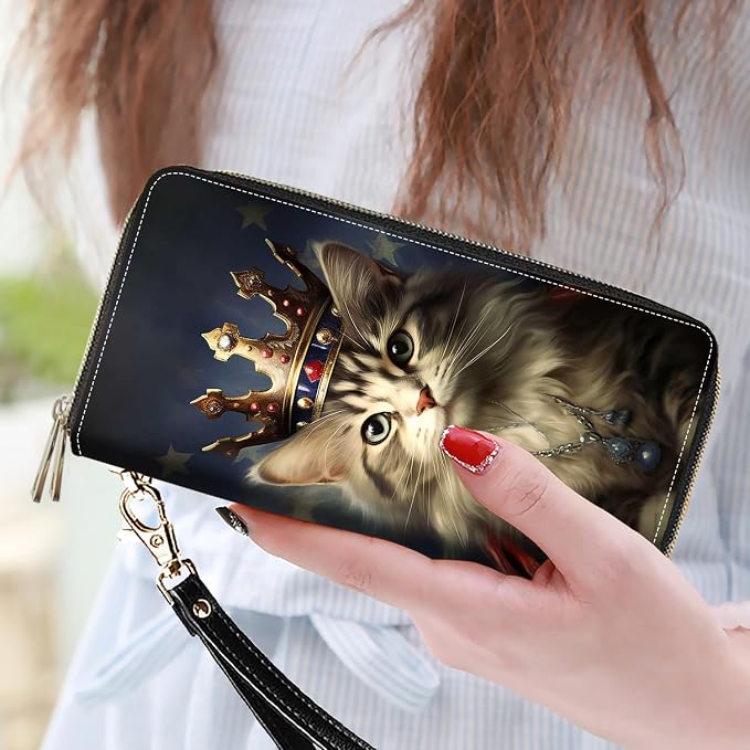 Women's Large Capacity Wallet PU Leather Double Zipper Clutch Purse Multifunctional Wallet with Removable Wristlet Strap for Smart Phone/Coin/Card/Cash, Cat Wearing Crown