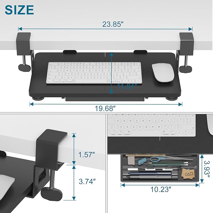 ETHU Keyboard Tray Under Desk, 19.7" X 11.81" Small Size Keyboard Drawer with C Clamp-on Mount Easy to Install, Computer Keyboard Stand Slide Pull Out, Ergonomic Keyboard Tray for Home & Office, Black