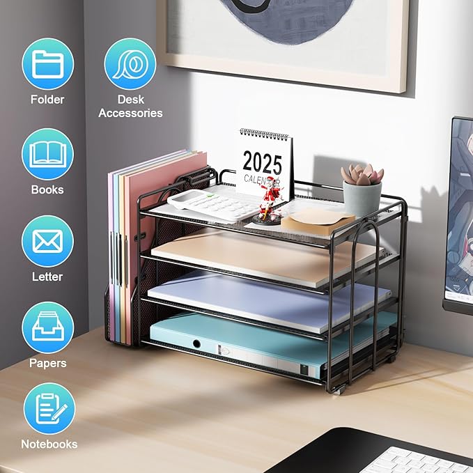gianotter Dual Monitor Stand Riser + 4-Tier Paper Organizer (Black)