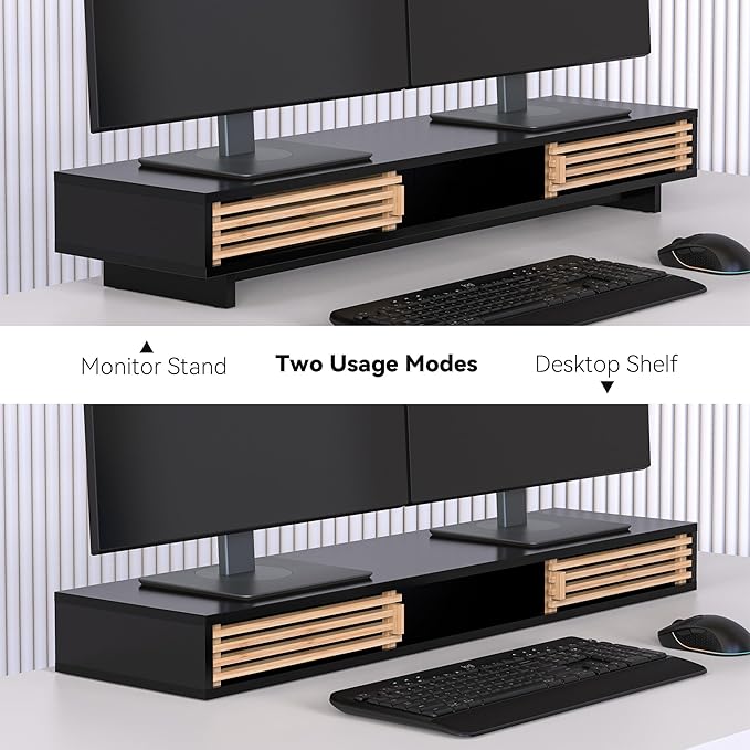 Dual Monitor Stand with Sliding Bamboo Doors - Heavy Duty Wood Computer Monitor Riser for 2 Screens, Ergonomic Desk Organizer with Storage & Keyboard Tray, Natural & Black (38 Inch)