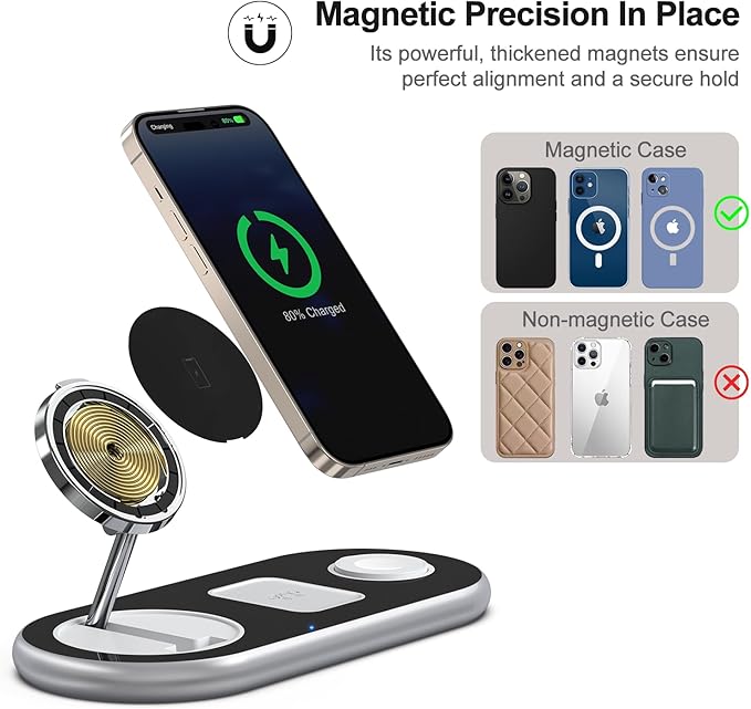 3 in 1 Charging Station for Apple Devices, Faster Mag-Safe Charger Stand, Magnetic Wireless Charger Station for iPhone 17 16 15 14 13 12 Pro Max Plus, Apple Watch iwacth & AirPods, Adjustable Angle