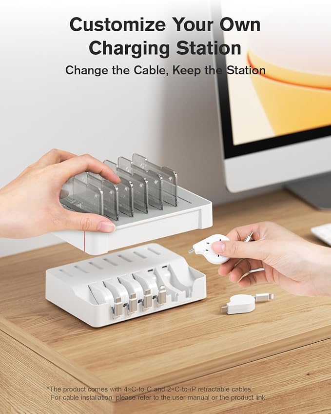SooPii HomeHub H1 Charging Station for multiple devices,Upgraded 6-Port Desktop Fast Charger with 6 Retractable Cablesï¼?*C+2*iPï¼?60W PD charger station for iPhone/Tablet,Tangle-Free Charging Organizer