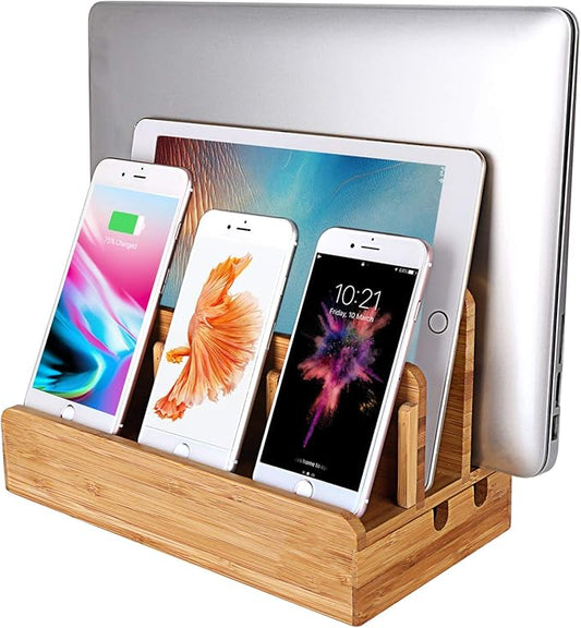 Bamboo Wood Multi-Device Desktop Charging Dock Station Charger Holder Cradle Stand Compatible for iPhone 16 15 14 13 12 11 Pro Max iPad mini Pro Air Laptop Tablets Samsung LG Sony Smartphones