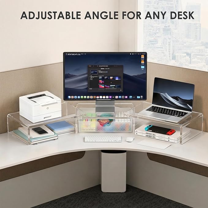 OPNICE Clear Acrylic Desk Organizers and Accessories, Dual Monitor Stand Riser with Drawer, Desk Shelf Computer Racks for Office Workspace Organizers, Desktop Organization (Transparent)