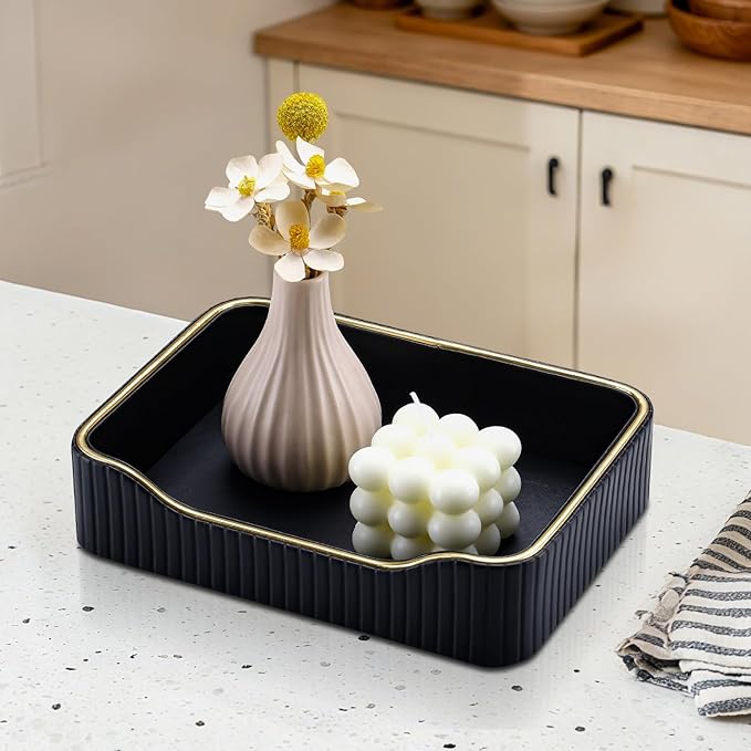 KINGFOM Prefume Tray, PU Leather Valet Tray Nightstand Organizer Perfume Trays for Men Women, Table Centerpieces Decorative Vanity Trays, Desk Organizer Tray for Key Jewelry Cosmetics (Black)