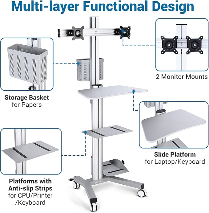 AW 32" Mobile PC Stand Workstation, Height Adjustable Dual Monitor Mount, Rolling Computer Cart on Wheels, Silver