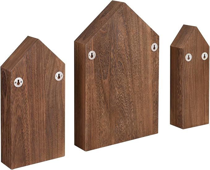 Ikee Design 3 Pcs Set House-Shaped Shelf Wooden Shadow Cubby Box Display Shelf Organizer Storage Display Shadow Box for Mini Figures,15 Compartments, Brown Color