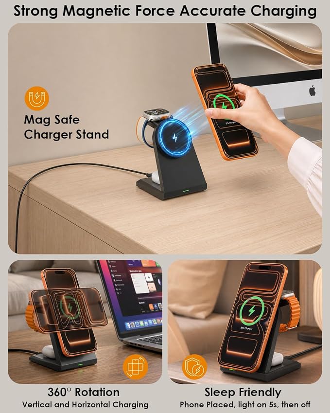 3 in 1 Wireless Charger iPhone Charging Station, 25W Magnetic Charger for iPhone 17 16e 15 14 13 12 Pro Max, Wireless Charging Station Fast Desk Mag Safe Stand for iWatch 11 10 9 8 7 6 5 AirPods Pro 3