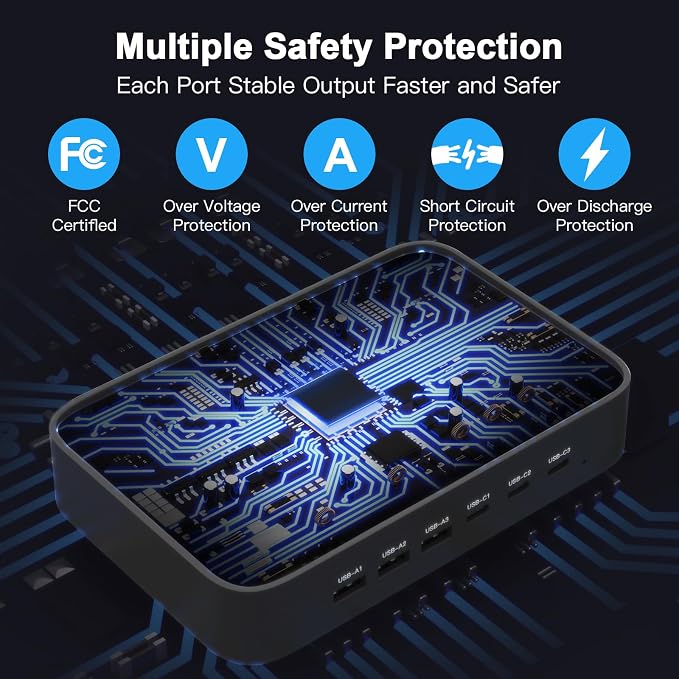 MSTJRY 90W 6-Port USB C Fast Charging Station for Multiple Devices, Multi PD Charger Station for iPhone iPad Tablet Phone, Charging Dock Organizer with Adjustable Dividers for Home Office Classroom