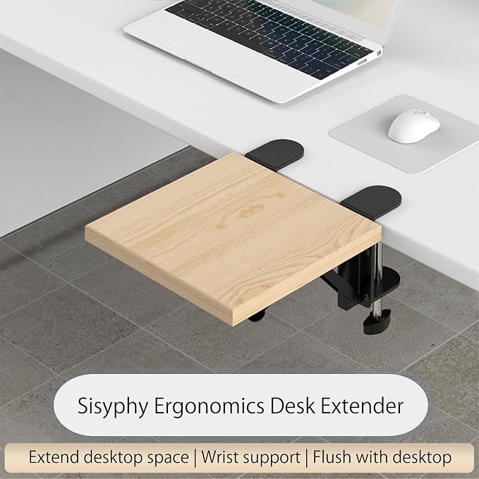 Sisyphy Ergonomics Desk Extender Tray, 9.5x9.1" Punch-Free Clamp on, Foldable Keyboard Drawer Tray, Table Mount Arm Wrist Rest Shelf, Computer Elbow Arm Support